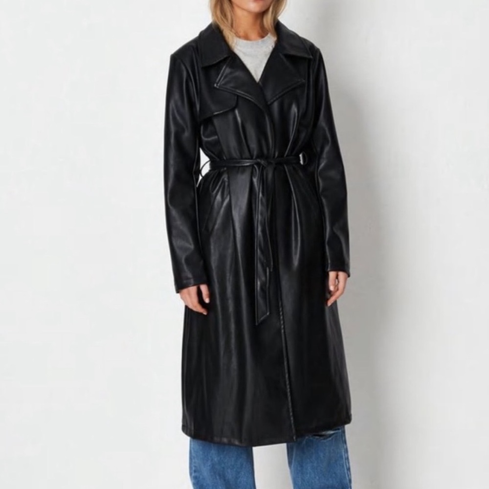 Black Faux Leather Belted Trench Coat